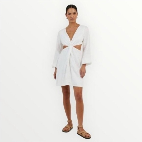 DISSH Tina White Linen Twist Mini Dress Size 4 Cutout Long Sleeve V-Neck - Picture 2 of 15